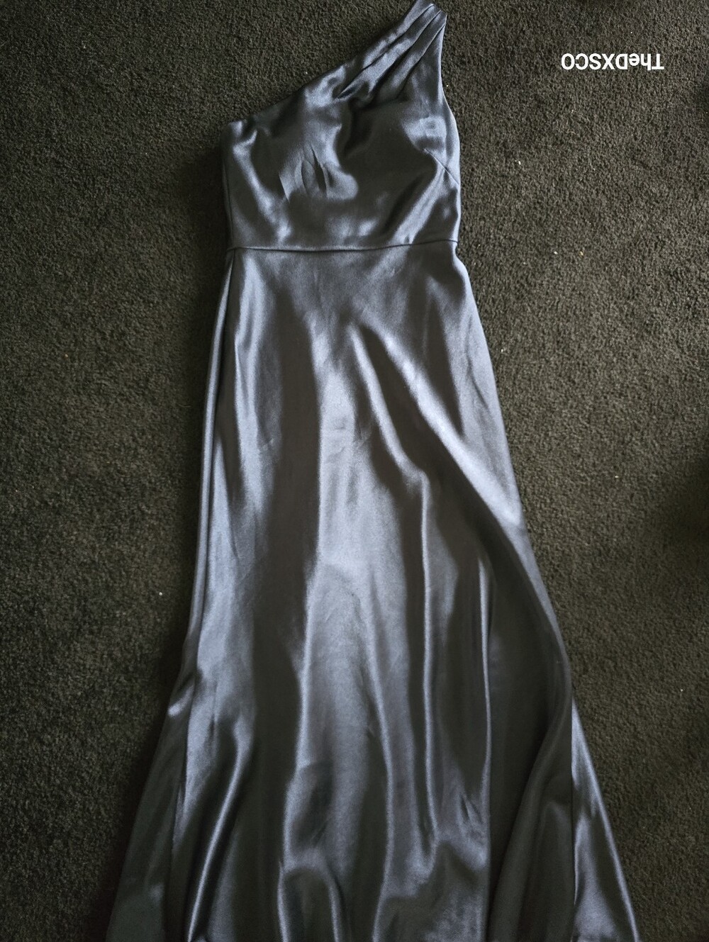 Jenny Yoo One-Shoulder Satin Gown in Navy Blue